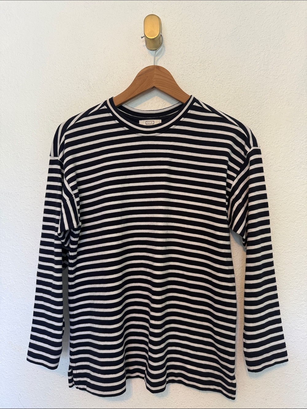 Perfect AYR Pima Cotton Navy White Striped LS Crewneck Tee Shirt Boxy Relaxed S